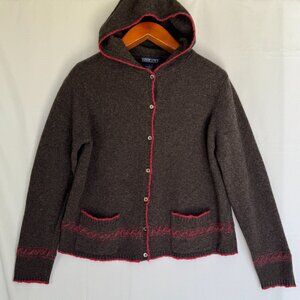 90s Vintage Lands End Brown Red Wool Mohair Blend Hooded Cardigan Sweater Size L